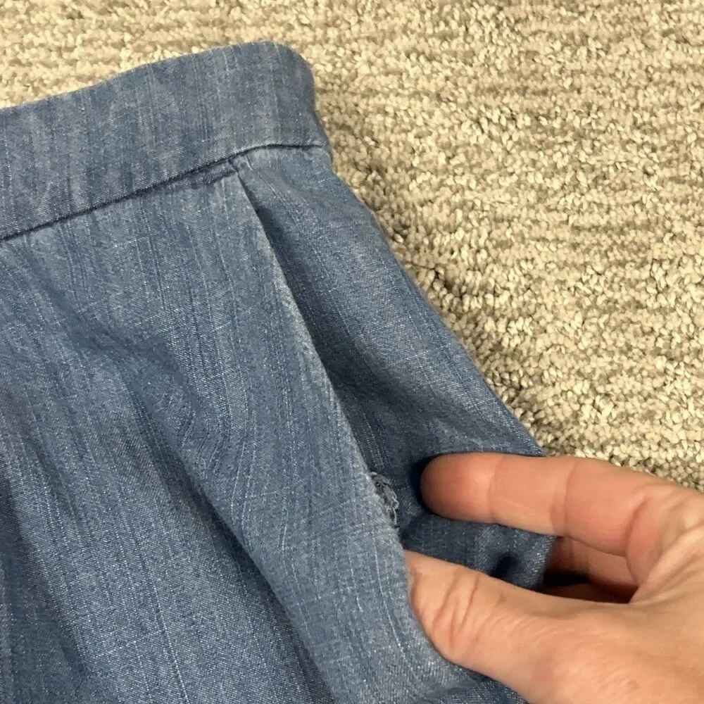 J Crew Wide Leg Pants Women 14 Washed Chambray Blue Crop Pockets Stretch Beach